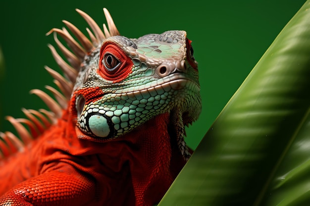 Photo portrait d'iguane vert en gros plan sur un fond vert foncé prise de studio