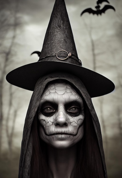 Portrait d'illustration 3d de sorcière noire effrayante