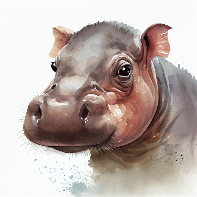 Portrait d'une illustration aquarelle d'hippopotame mignon