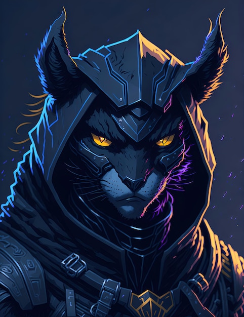 Un portrait Illustration d'un guerrier ninja chat avec un visage noir fond sombre hyperdétaillé