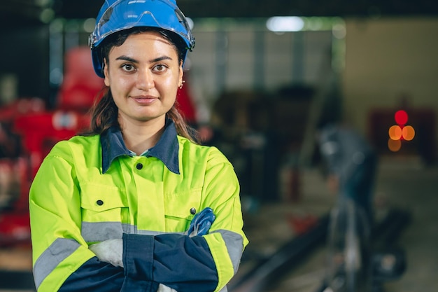 Portrait indien jeune ingénieur intelligent femme ouvrière look confiant avec combinaison de sécurité travail à l'avance dans l'industrie technologique