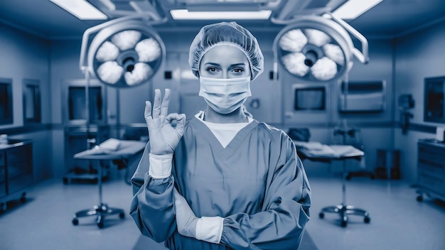 Photo portrait d'une infirmière chirurgienne ou d'un membre du personnel vêtu de robes chirurgicales, d'une robe, d'un masque et d'un haï