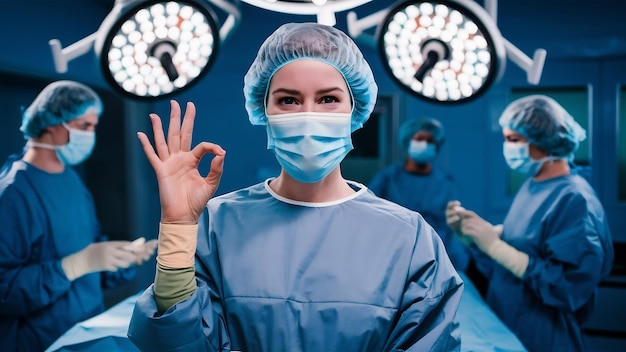 Photo portrait d'une infirmière chirurgienne ou d'un membre du personnel vêtu de robes chirurgicales, d'une robe, d'un masque et d'un haï