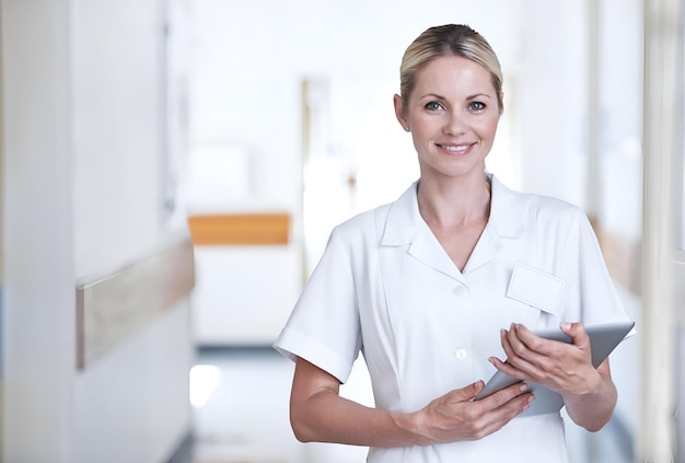 Portrait d'une infirmière debout avec une tablette numérique dans un couloir d'hôpital