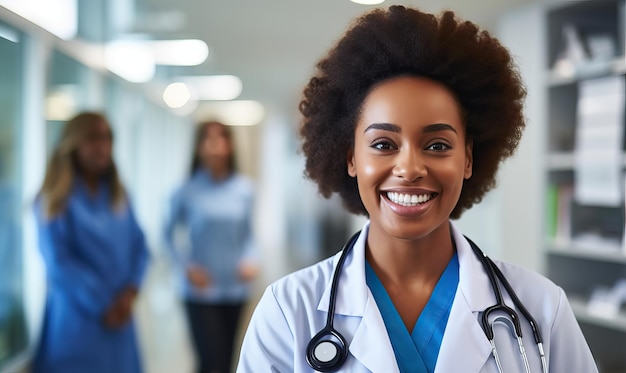 Portrait infirmière médecin à l'hôpital debout dans le couloir femme noire Medical