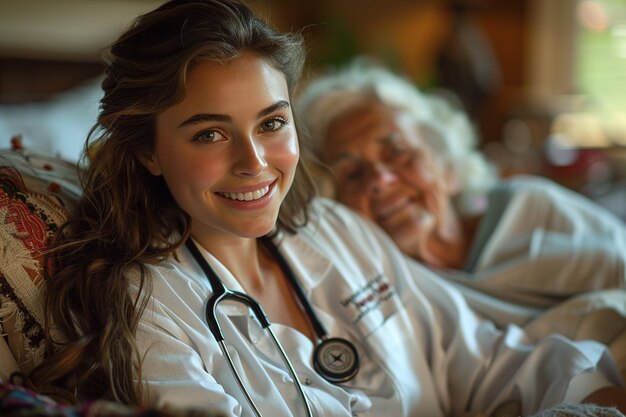 Portrait d'une infirmière souriante avec un patient âgé en arrière-plan dans une maison de retraite
