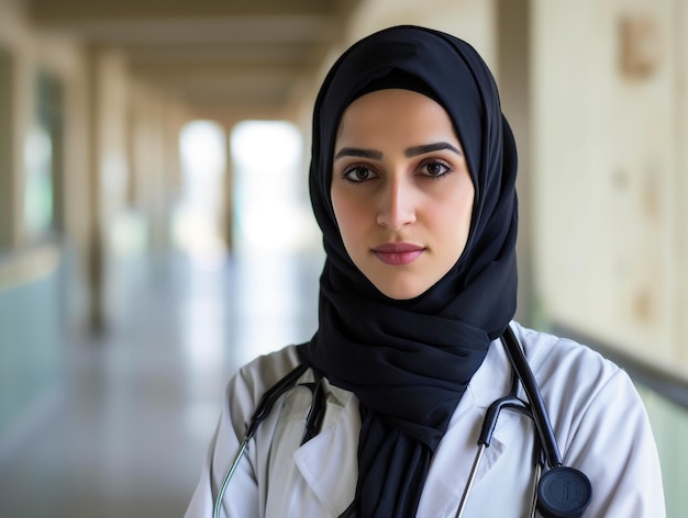 Portrait d'une infirmière souriante portant un hijab contre le mur de l'hôpital