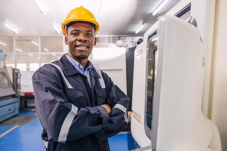 Portrait d'un ingénieur africain noir intelligent travaillant avec une machine de tour cnc dans une usine de métal moderne
