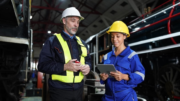 Portrait d'ingénieur et d'apprenti dans l'atelier de l'usine d'ingénierie ferroviaire