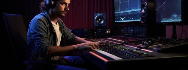 Photo portrait d'un ingénieur audio travaillant dans un studio d'enregistrement de musique utilise un mixer pour créer un son moderne