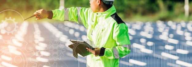 Portrait d'ingénieur électricien en casque de sécurité et uniforme à l'aide d'un ordinateur portable vérifiant les panneaux solaires.