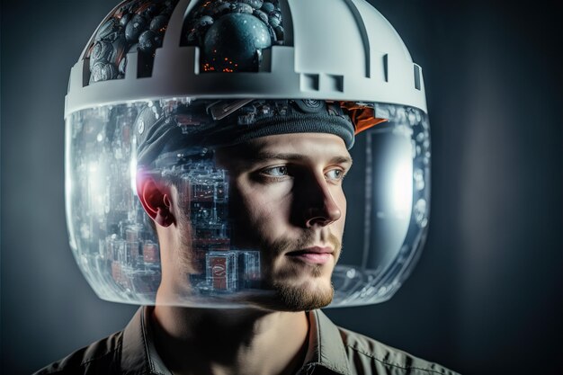 Portrait d'ingénieur merveilleux et circuit électrique ou double exposition de motif de fil