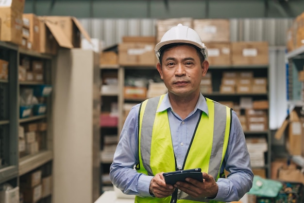 Portrait ingénieur principal heureux gestionnaire d'inventaire de travail travailleur masculin adulte d'Asie du Sud-est debout dans l'entrepôt du magasin d'usine