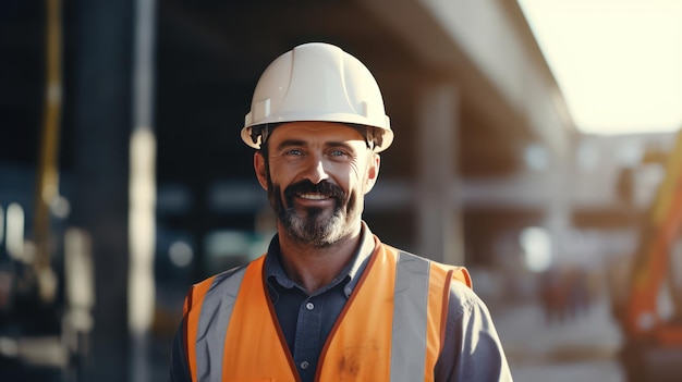 Portrait d'un ingénieur professionnel souriant portant un uniforme de sécurité et un casque