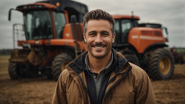 Portrait d'un ingénieur souriant dans un costume de travail debout devant des machines agricoles