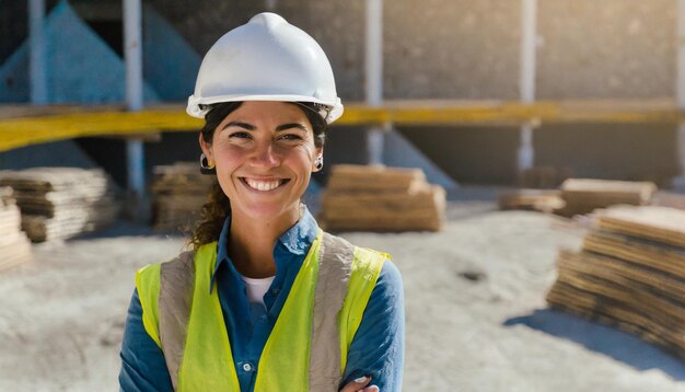 Portrait d'une ingénieure souriante debout avec les bras croisés sur le chantier de construction