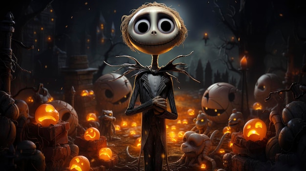 Un portrait inspiré de Tim Burton de la présence imposante du Roi de la citrouille contre une chaleureuse lumière.