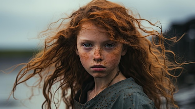 Portrait intense d'une jeune fille aux cheveux rouges