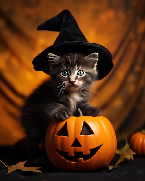 Portrait intérieur d'un chaton habillé en sorcière à côté d'une citrouille d'Halloween
