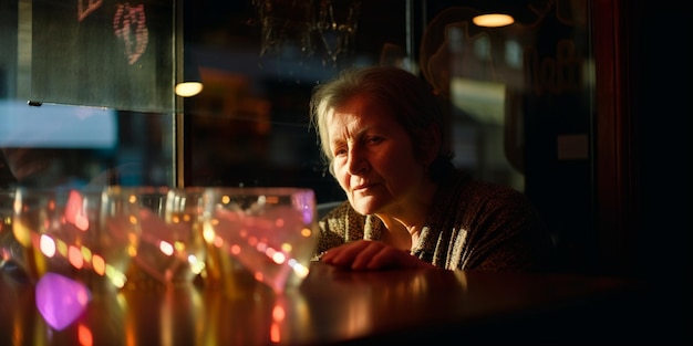 Portrait intime d'une femme inquiète regardant à travers une fenêtre de bar un jour de pluie