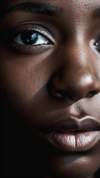 Portrait intime d'un œil de femme noire avec un iris bleu frappant et une texture de peau détaillée dans un si