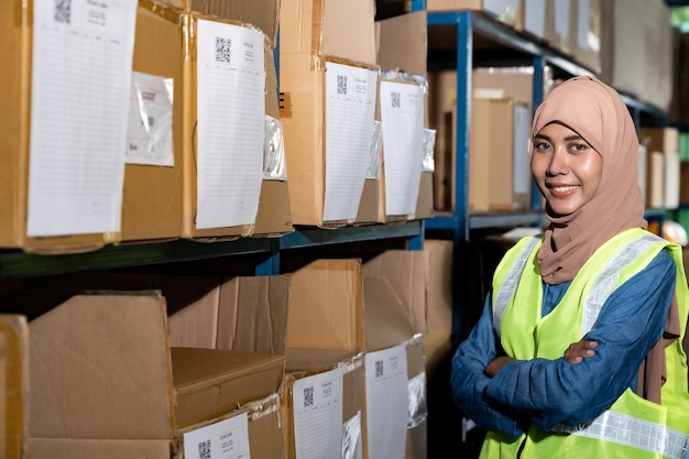 Portrait de l'islam musulman femme magasinier bras croisé devant l'étagère du produit avec carte de stock dans l'environnement de distribution d'entrepôt. Pour l'inventaire d'entrepôt d'entreprise et le concept logistique.