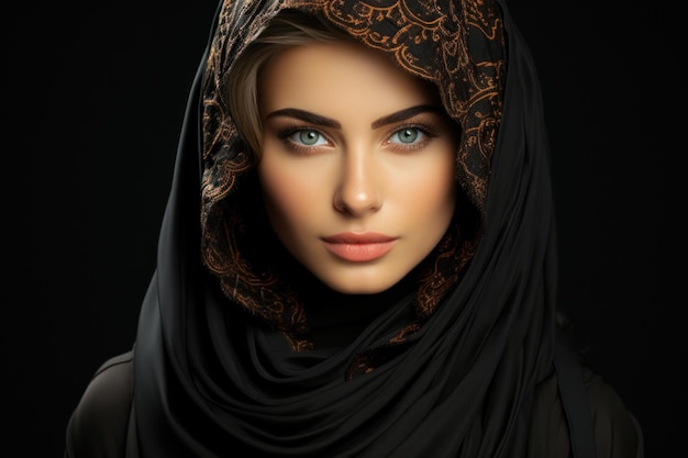 Portrait islamique portant un hijab noir regardant la caméra sur un fond sombre Portrait en gros plan d'une belle femme musulmane
