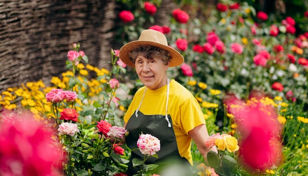 Portrait d'une jardinière âgée dans un chapeau travaillant dans sa cour avec des roses Le concept de jardinage cultivant et prenant soin des fleurs et des plantes