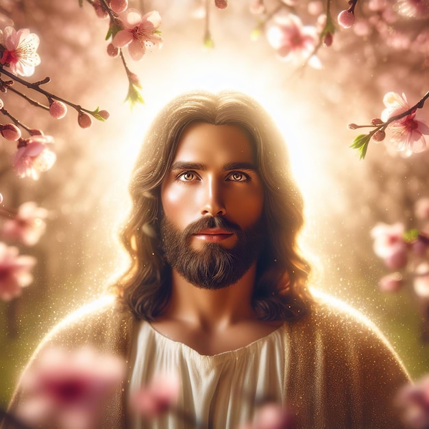 Portrait de Jésus-Christ dans le jardin de printemps avec des sakura en fleurs