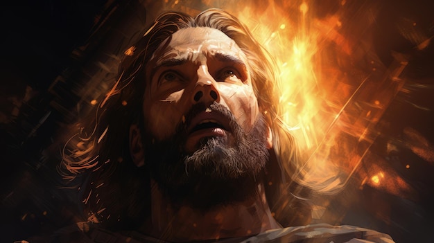 Portrait de Jésus-Christ regardant la croix éclairante dans le ciel Generative AI