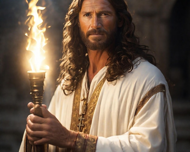 portrait de Jésus-Christ avec une torche enflammée montrant le chemin