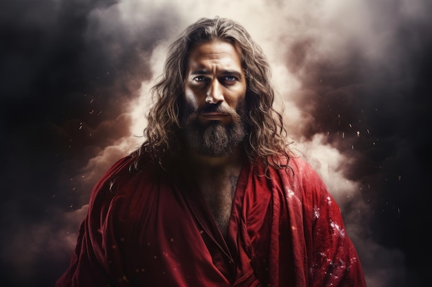 Photo portrait de jésus en robe rouge avec de la fumée sortant de sa bouche