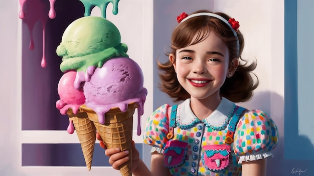 Portrait d'une jeune adolescente mangeant une crème glacée