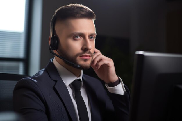 Portrait d'un jeune agent de centre d'appels confiant travaillant dans un bureau créé avec une IA générative