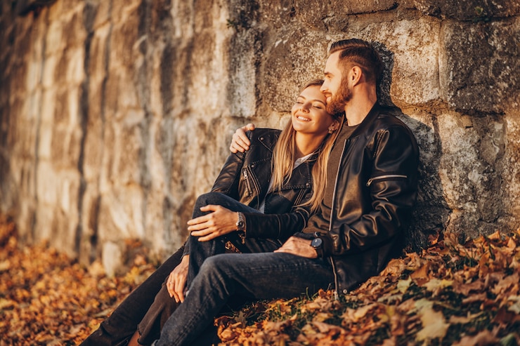 Photo portrait, jeune, aimer, couple, séance, automne, feuille, apprécier, nature