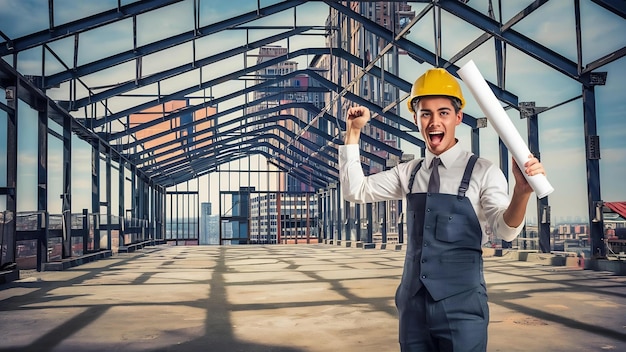 Photo portrait d'un jeune architecte en casque de travail tenant un plan et souriant alors qu'il se tient dans un bâtiment vide