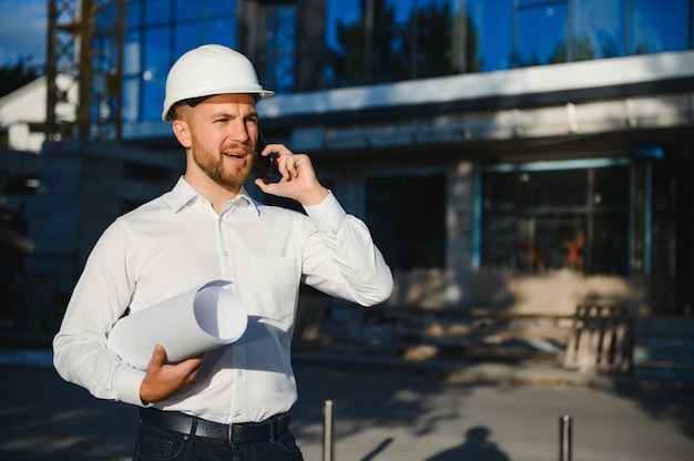 Portrait d'un jeune architecte ou ingénieur sur un chantier de construction