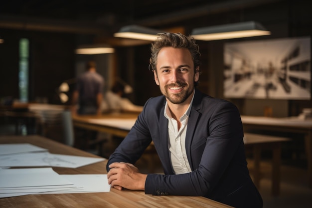 Portrait d'un jeune architecte souriant dans un bureau de studio photo réelle