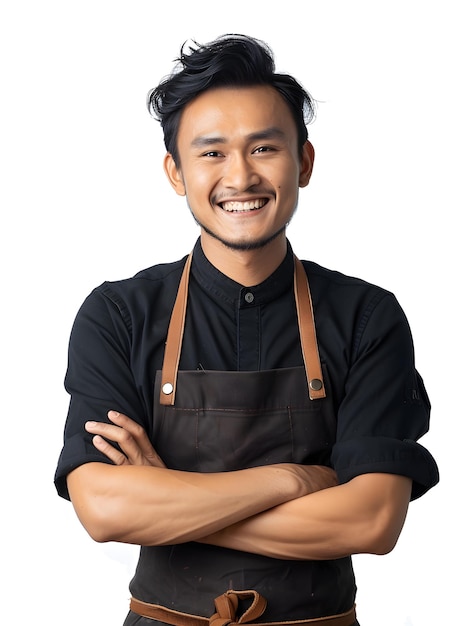 Portrait d'un jeune barista asiatique au visage radieux souriant portant un tablier brun s'appuyant sur les bras