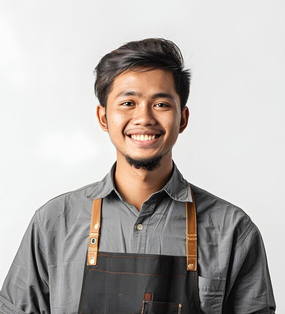 Portrait d'un jeune barista javan indonésien avec un visage radieux et un sourire étincelant