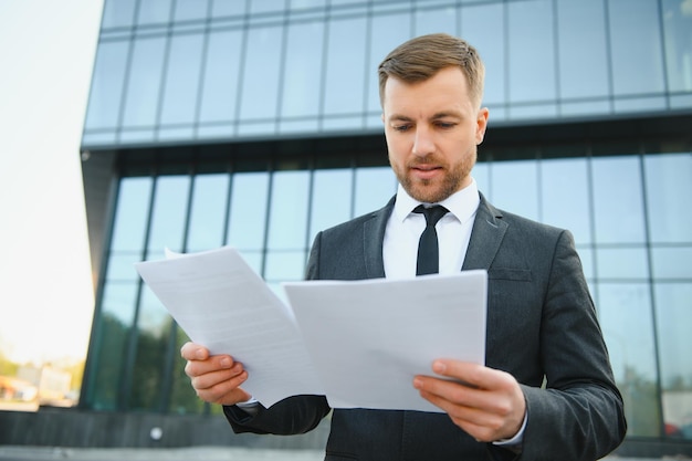 Portrait de jeune beau manager portant un costume tenant des documents commerciaux