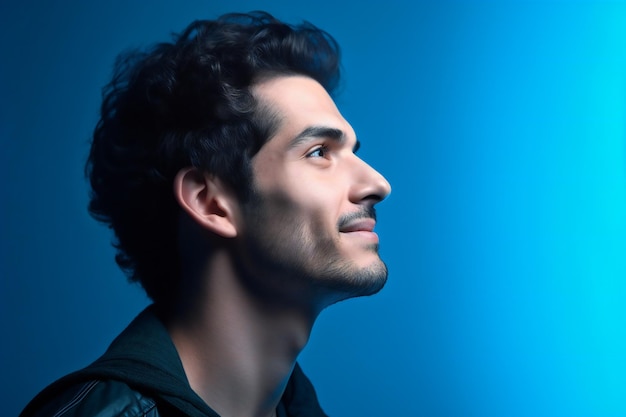 Portrait d'un jeune bel homme aux cheveux bouclés sur fond bleu