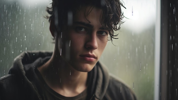Photo portrait d'un jeune bel homme aux cheveux noirs dans une pluie tombe sur la fenêtre le gars est debout sous la pluie