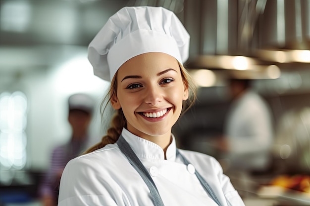Portrait d'une jeune et belle cuisinière souriante dans une cuisine commerciale. Les cuisiniers cuisinent en arrière-plan.