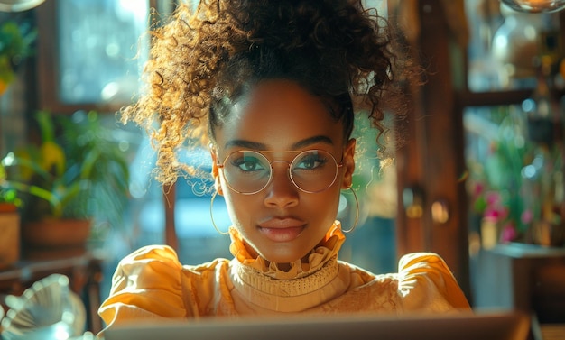 Portrait d'une jeune et belle femme afro-américaine en lunettes travaillant sur un ordinateur portable alors qu'elle est assise dans un café