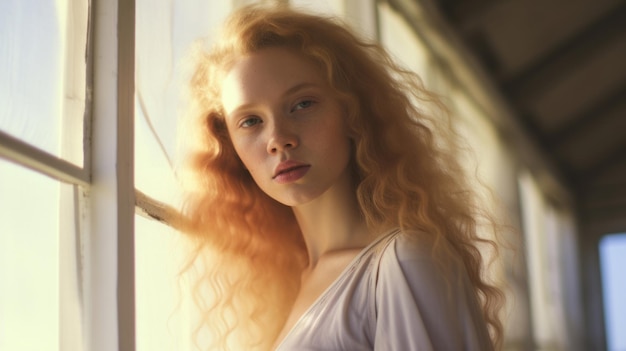 Portrait d'une jeune et belle femme albino aux cheveux bouclés près de la fenêtre à la belle lumière du soleil.