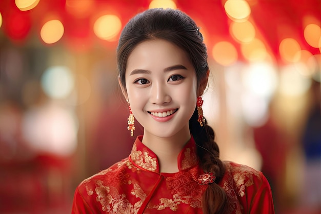 Portrait de jeune belle femme asiatique chinoise avec une robe traditionnelle chinoise rouge Generative Ai