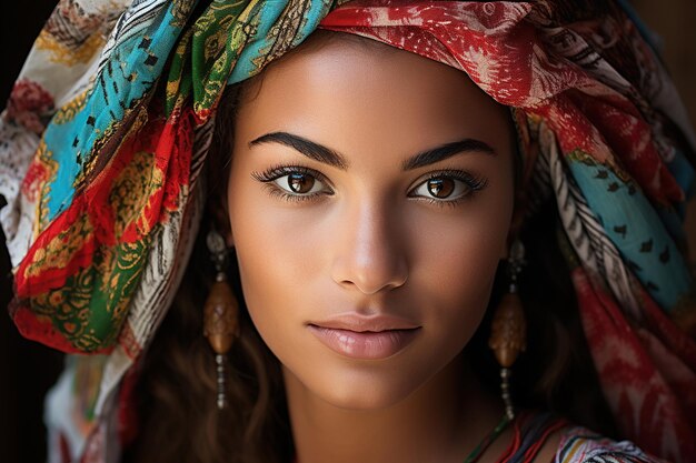 Portrait d'une jeune et belle femme brésilienne avec un foulard multicolore sur la tête regardant la caméra photo de mode ethnique féminine