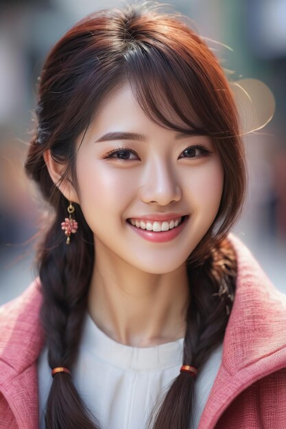 Portrait d'une jeune et belle femme japonaise coréenne avec un sourire, un visage heureux, une fille asiatique à la mode.