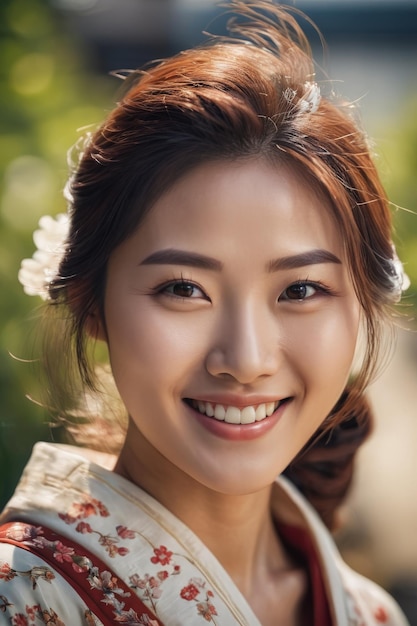 Portrait d'une jeune et belle femme japonaise coréenne avec un sourire, un visage heureux, une fille asiatique à la mode.